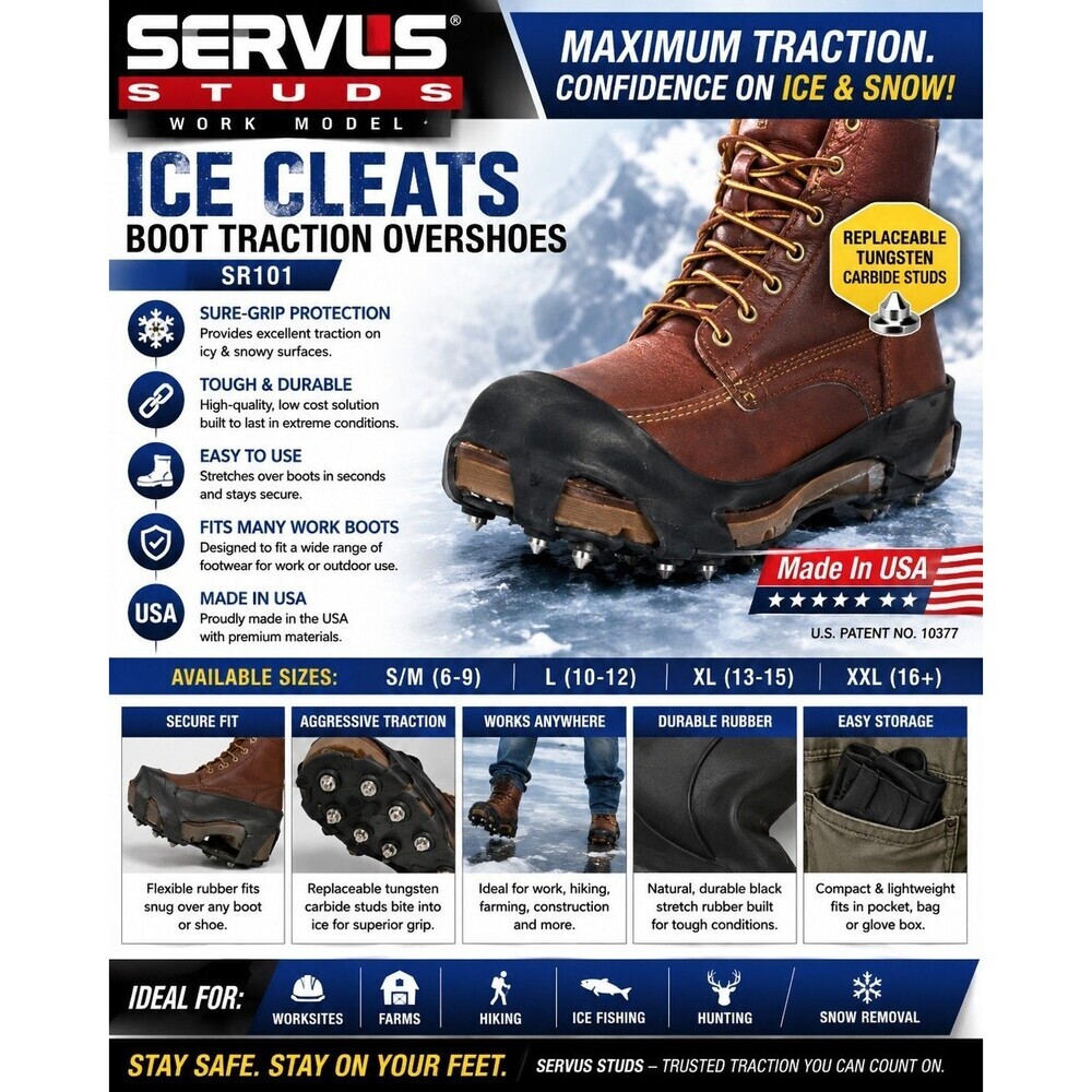 Servus Studs SR101 Ice Cleats Boot Traction Overshoes Size L 10-12 New USA Made